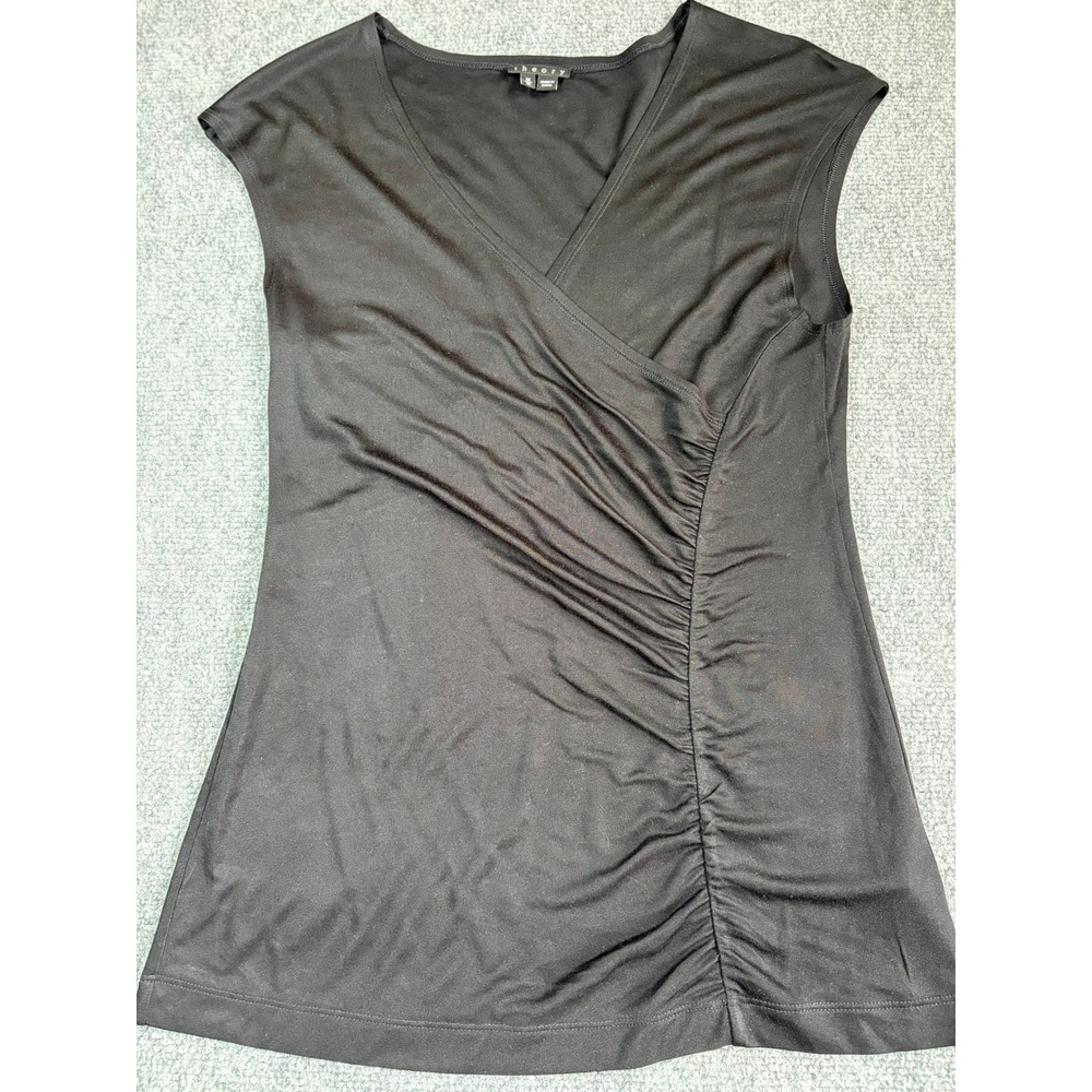 Theory Stenia Horoscope Black Silk Blend Ruched Wrap V-Neck Top Medium
